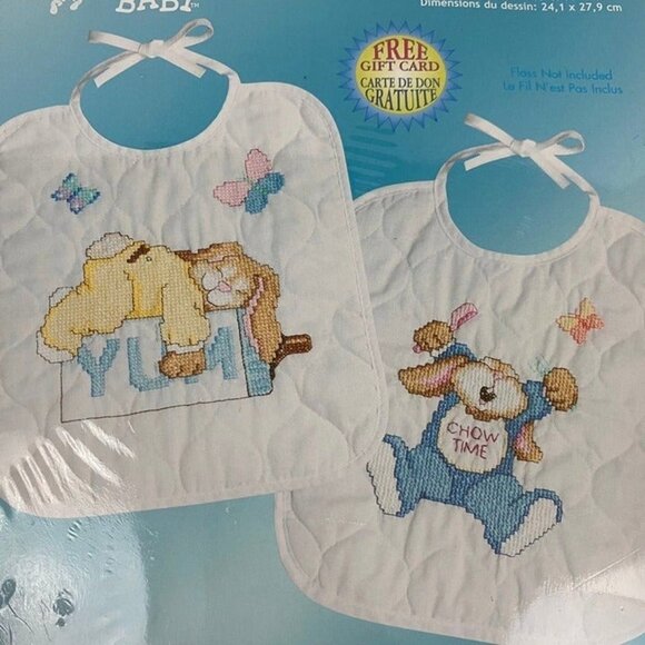 Janlynn Baby Stamped Cross Stitch Kit Baby Bibs Sleepy Bunny Rabbit Infant - Picture 6 of 9